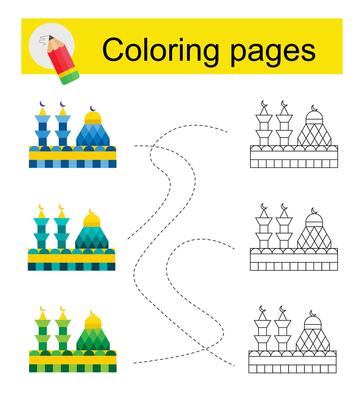 Educational game for kids. Go through the maze and color a cartoon mosque according to the pattern.