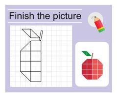 Educational game for children. Finish the picture - cartoon apple. Coloring page. vector