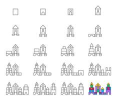 How to draw step by step Worksheet easy guide to drawing cartoon palace. Developing kids skills for drawing and coloring. vector