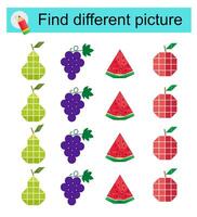 Fun puzzle game for children. Find the odd one in the group. Cartoon pear, grapes, watermelon, apple. vector