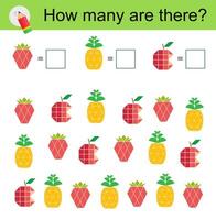 Math activity for kids. Developing numeracy skills. Cartoon strawberry, apple, pineapple. vector