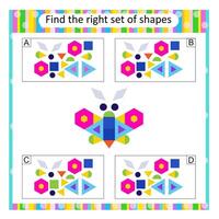 Logic puzzle for kids. Find the correct set of cartoon butterfly. Answer is B. vector