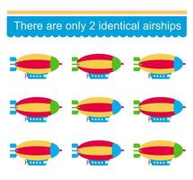 Puzzle game for children. Task for development of attention and logic. Need to find two identical airships. . vector