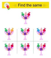 Puzzle game for kids. Task for development of attention and logic. Need to find the exact same candy bowl. vector