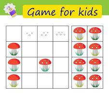 Puzzle task, game for preschool kids. Developing numeracy skills. Cartoon red fly agarics. vector