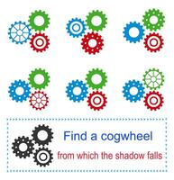 Educational game for kids. Task for attentiveness. Find a cogwheel from which the shadow falls. vector