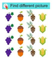 Fun puzzle game for kids. Find the odd one in the group. illustration of cartoon pine cones, acorn, grapes, corn. vector