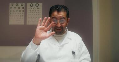 el médico sonrisas y negociaciones mirando a el cámara como Si a un ordenador portátil pantalla durante un charla a el clínica video