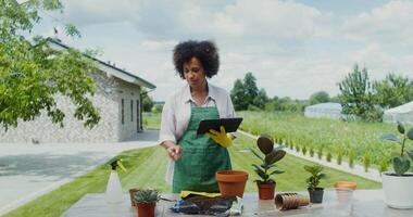 A woman in an apron is using a tablet to look at plants video
