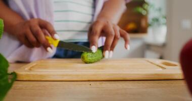 A woman is cutting a cucumber on a cutting board video