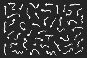 Squiggly arrow doodle set. Hand drawn line fun playful bounce icons, white jump thick motion design elements. Movement symbol on blackboard vector