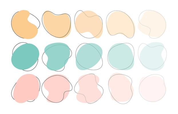 Liquid blob shapes, pastel organic random forms, fluid silhouette, simple smooth ink stain. Abstract figures from bright color to transparent. Highlight for social media stories