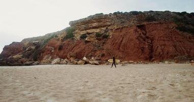 A man in a diving suit, with a surfboard in his hands, walks along a sandy beach towards the sea past the rocky mountains video