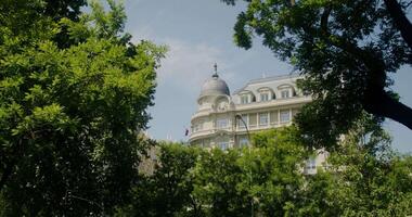 Classic urban architecture, a white building with a flag rises above the trees video