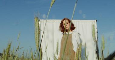 A young beautiful red-haired woman poses in front of a white screen set among a wheat field, looking into the camera with a serious look. Ears of wheat are taller than a woman. 4k , red komodo