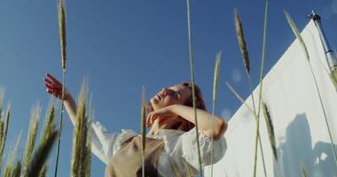 A young beautiful woman is dancing, smoothly moving her hands, closing her eyes in pleasure, posing in a wheat field among the ears, standing in front of a white screen. 4k , red komodo video