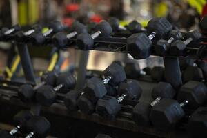 A pair of dumbbells neatly arranged in the gym, ready for a powerful workout session to build strength and endurance photo