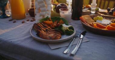 A table with food and drinks on it video