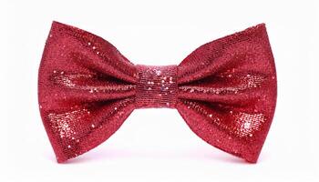 Glittery red bow tie isolated on white background. Man's festive accessory. Stylish and vibrant. photo