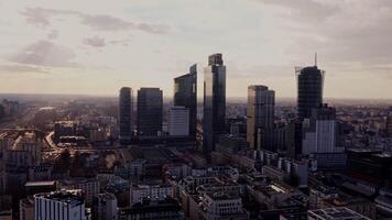 Panoramic bird's eye view of a modern metropolis with glass skyscrapers and ancient buildings. Developed infrastructure of the city, aerial view, Warsaw, Poland. video