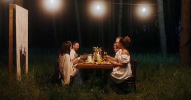 Three people sitting at a table in the woods video