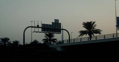 A view of a modern metropolis towering over palm trees at dusk. from a car moving along the highway video