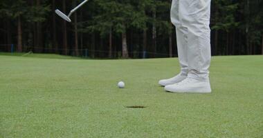 An unidentified man hammers a golf ball into a hole with a golf club, close-up. Details of the game of golf. Pulling the ball out of the hole by hand after being hit video