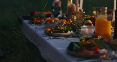 A table set up with food and drinks in a field video