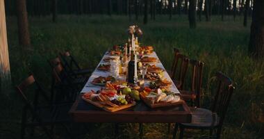 A long table set up in the middle of a forest video