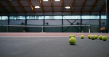A lot of tennis balls lie on the rubberized floor of an indoor tennis court, a man picks up balls with a tennis racket and throws them over the net, close-up, the man's face is not visible video