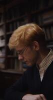A young man of European appearance, dressed in a business suit, is studying with concentration to play chess alone, sitting at a table in the library, vertical close-up shooting video