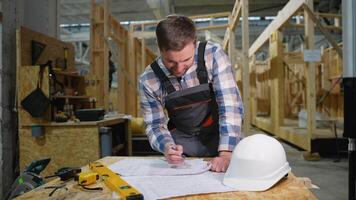 Engineer reviewing blueprints at modular house factory video