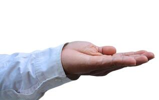 Men's empty white hands. Isolated arm holds palm, open fingers up taking sign. Give effort to show human objects, close the side of the young wrist. Space man, one precise detail captures clear help photo