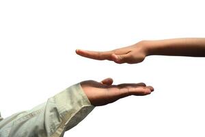 Two Hands of father and son protecting something isolated on white. Hand isolation. photo