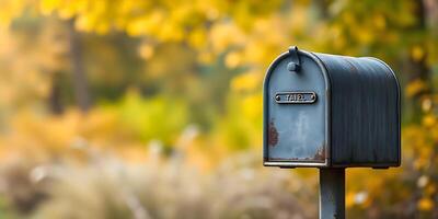 Mailbox in Autumn Setting with Yellow Foliage and Soft Focus photo