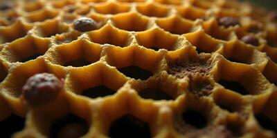 Close-up View of Honeycomb with Honey and Propolis Filling the Cells photo