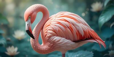 Elegant Flamingo Portrait Standing in Serene Botanical Garden Setting photo