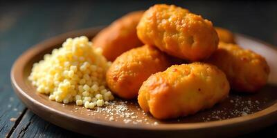 Golden Fried Nuggets with Couscous on Wooden Plate Close-up photo