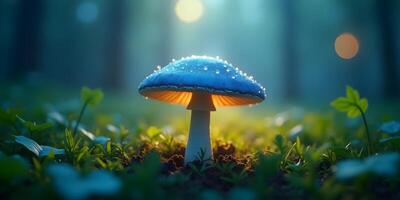 Magical Blue Mushroom in Forest with Dew Drops and Glowing Light photo