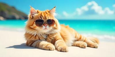 Cat Relaxing on Tropical Beach Wearing Sunglasses for Vacation Fun photo