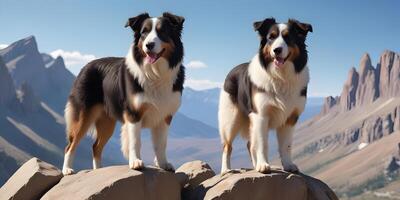 Two Australian Shepherds Enjoying Mountain View Landscape on Sunny Day photo