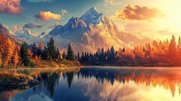 Scenic Mountain Lake Landscape with Autumn Foliage Reflection and Warm Sunset in Tranquil Panorama photo