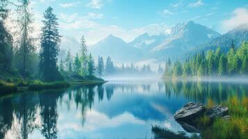 Scenic Mountain Lake with Reflections and Lush Greenery in Daylight photo