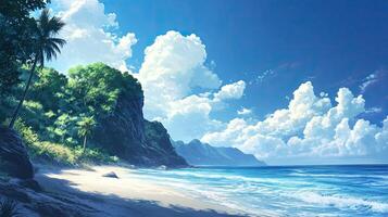 Tropical Beach with Blue Ocean Sandy Shore and Lush Green Cliffs Under a Cloudy Sky photo