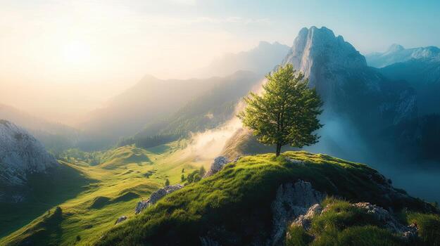 voxel Arte representando un solitario verde árbol en pie en un montaña pico debajo un azul cielo con laminación verde colinas paisaje en suave dorado hora foto