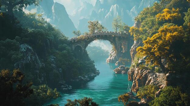 Stone Arch Bridge over Turquoise River Surrounded by Dense Vegetation in Mountainous Landscape Pixelated Game Style photo