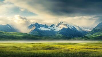 Scenic Mountain Landscape with Green Field and Overcast Sky Under The Sunlight photo
