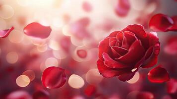 Romantic Red Rose and Falling Petals with Bokeh Background for Valentine's Day Greeting Card or Wedding Invitation photo