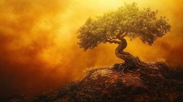 Golden Pixelated Tree on a Small Mound With Dreamy Abstract Background in a Warm Lighting photo