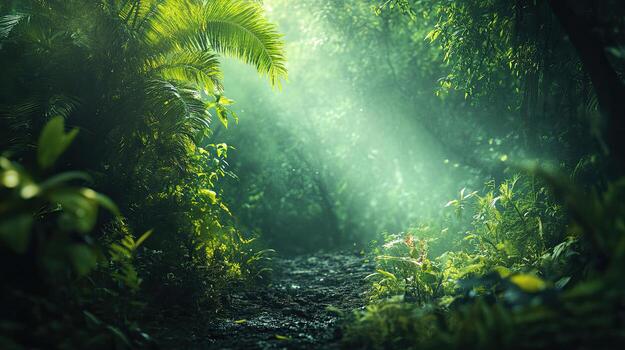 Sunlight Through Dense Green Forest Canopy Illuminating a Forest Path with Bright Beam Outdoors in Tranquil Morning photo